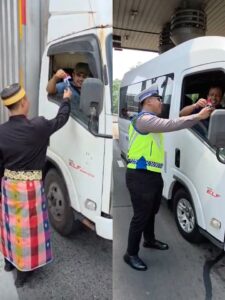 Polantas Karib Bersama Induk PJR BSD Korlantas Polri Membagikan Assesoris Bendera Merah Putih dengan memakai Baju Adat 